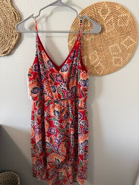 Ambiance Red Floral V-Neck Sundress with Multicolor Print